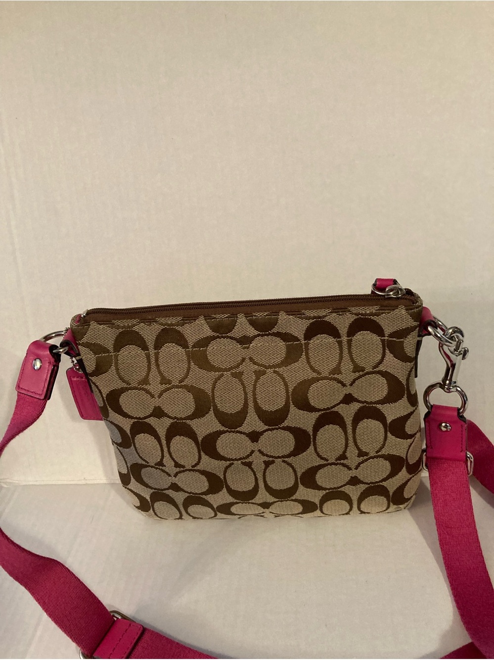 Coach Brown Signature Canvas Crossbody with Pink Strap - Picture 3 of 6